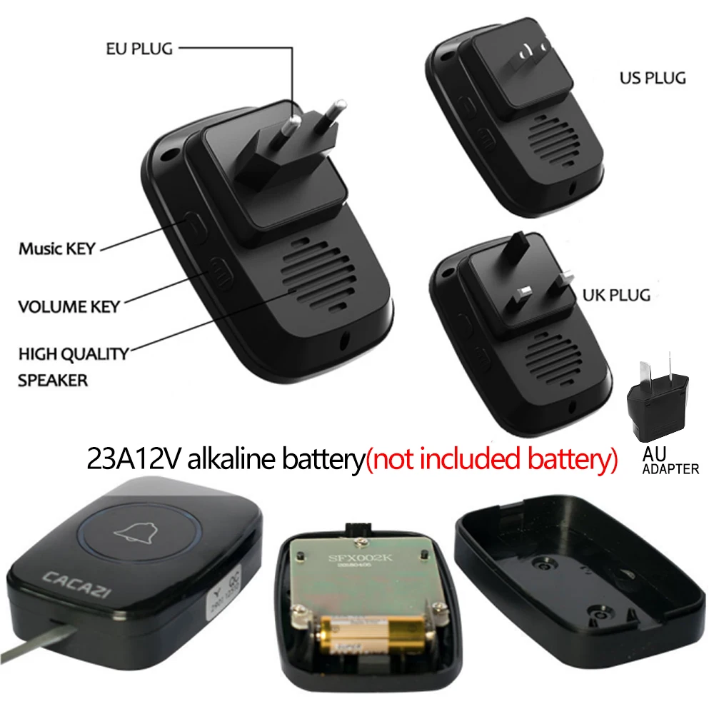 CACAZI Bezprzewodowy wodoodporny dzwonek do drzwi 300M Zasięg US EU UK Wtyczka 3 Przycisk 1 2 3 Odbiornik Domowy inteligentny dzwonek do drzwi 60 gongów 0-110db