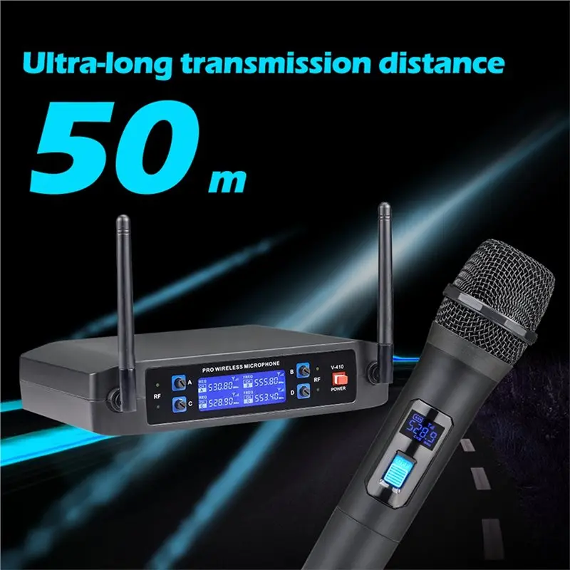 Fixed Frequency 4 Channel Wireless Microphone System Cordless Mic Set Of Four Handheld Units, Long Range 200Ft