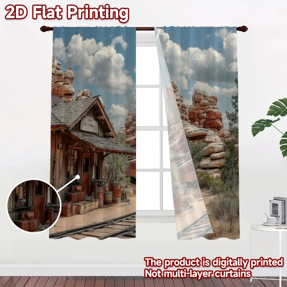 2D flat printing 2pcs Curtain Window Curtains Vintage Train in Desert Valley Digital Printed Polyester Drapes Festive Wall Decor
