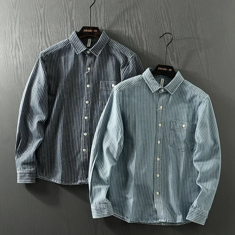 

Heavyweight Washed Blue White Striped Trade Men's Europe Lapel Long-sleeved Shirt Outdoor Trekking Tooling Overshirt Camp Blouse