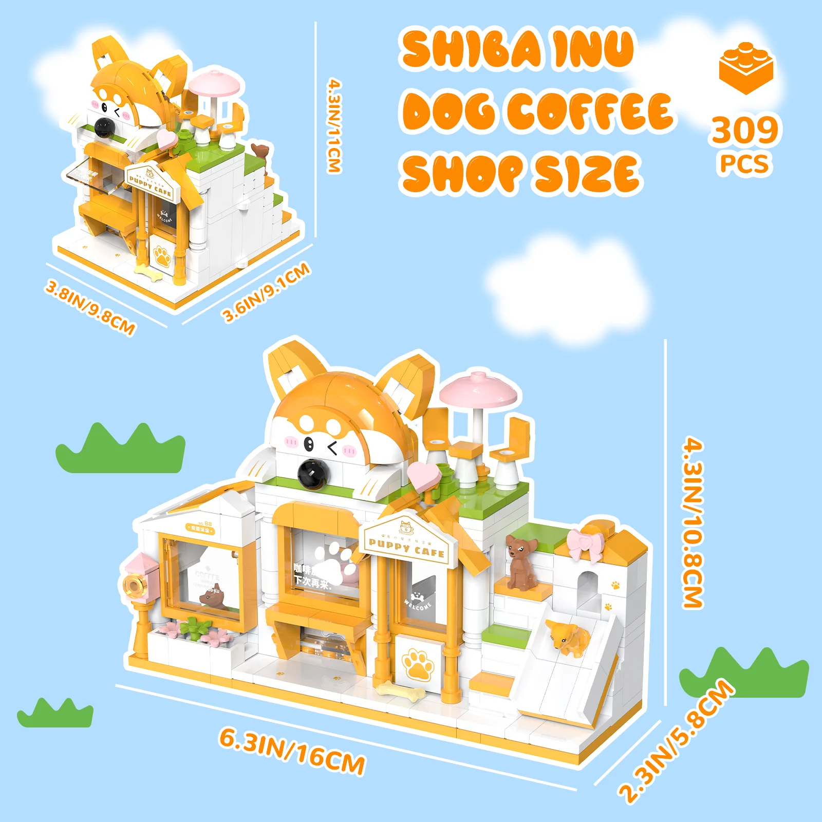 Juego de bloques de construcción de cafetería de perro Shiba Inu, Escena de calle, juguete para entusiastas de la casa de animales y la arquitectura, 309 piezas