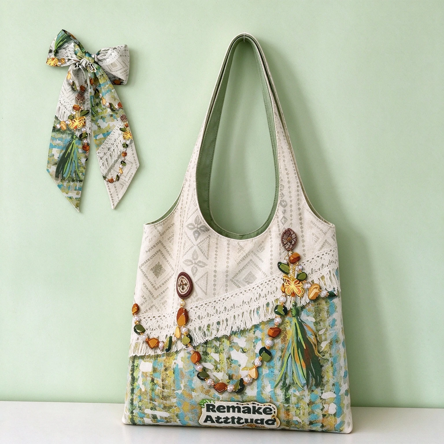 2 Pcs Set New Premium Bohemian Printed Canvas Tote Bag, Large Capacity Shoulder Bag with Matching Satin Scarf