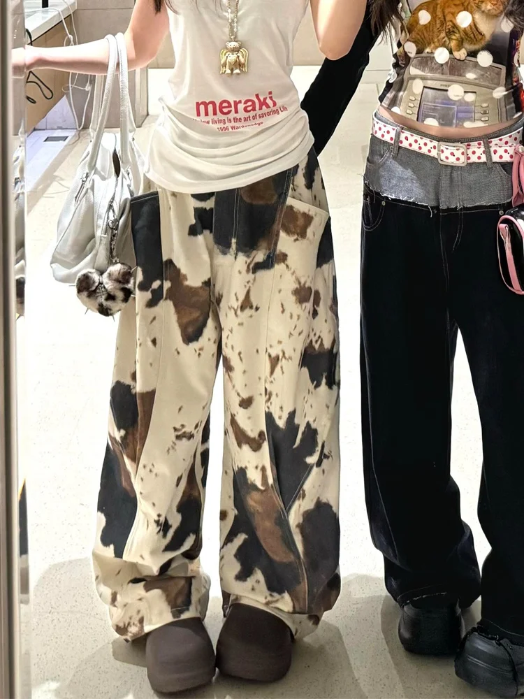 

American Sle Loose Lazy Denim Jeans Women's Vintage Waed Milk Cow Pattern Printed Floor-Length Pants High Waist Zipper Cl...