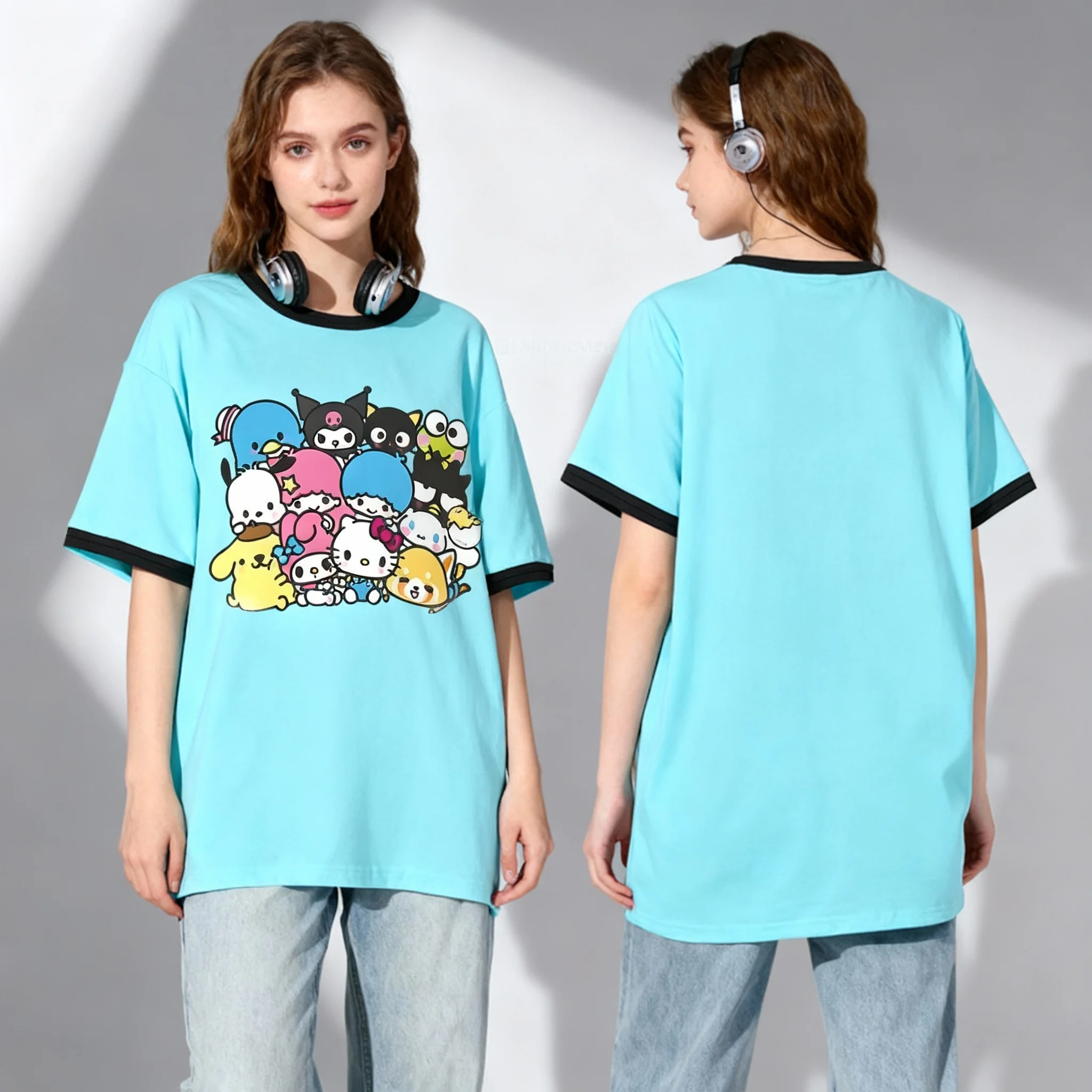 Sanrio Family Cartoon Character Series American Sportswear Süßes, cooles Sommer-T-Shirt, extra großes Damen- und Herren-Erwachsenen-Top