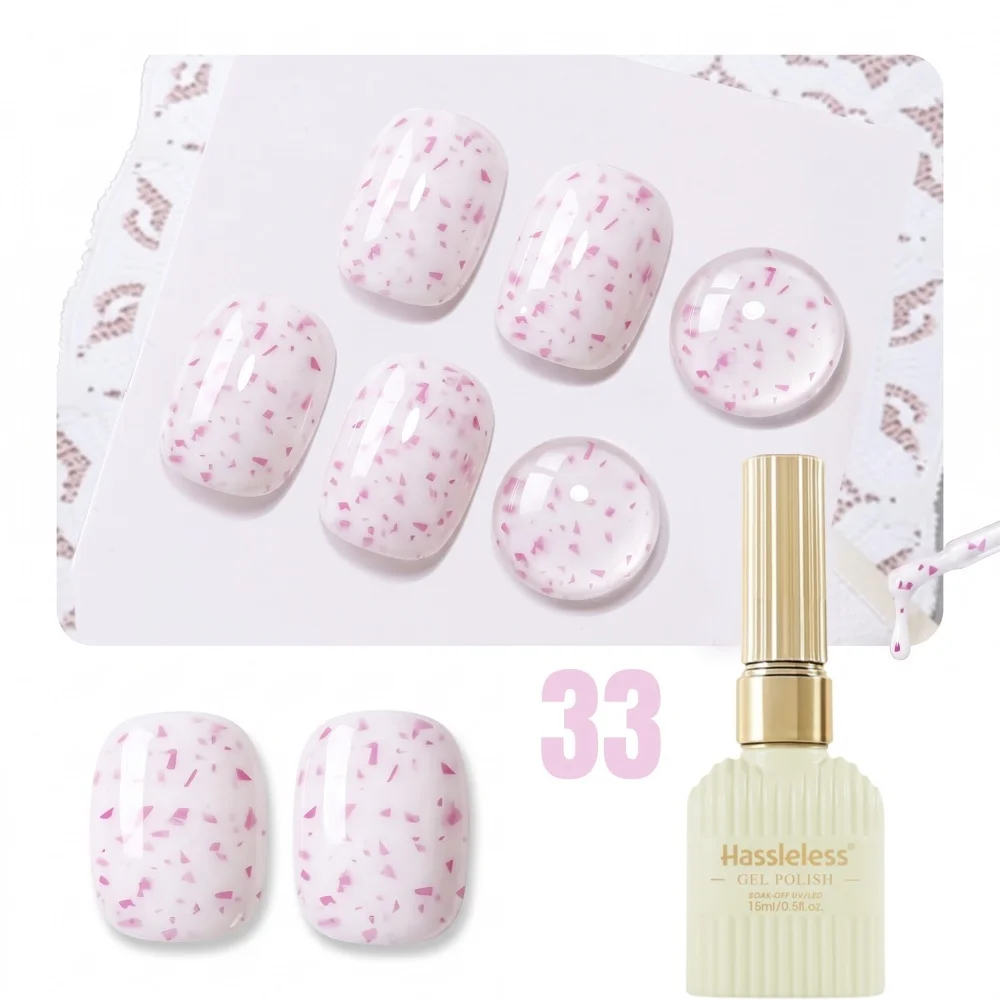 Hassleless Milky White Gel Polish Embedded Pink Shredded Flakes Soak Off Gel for Nail DIY Design