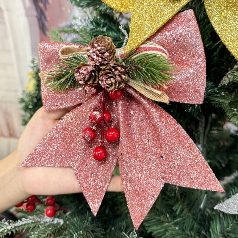 Gold Powder Christmas Bow bowknot Ornament Xmas Tree Pendant Decoration DIY Party Home Holiday Atmosphere Props Decor