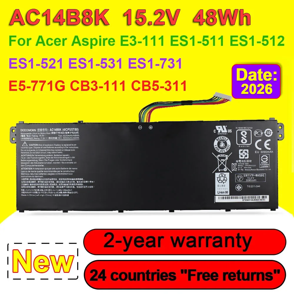 AC14B8K For Acer Aspire E3-111 ES1-511 ES1-512 ES1-521 ES1-531 ES1-711 E5-771G CB3-111 CB5-311 A515-51 Laptop Battery 15.2V 48Wh