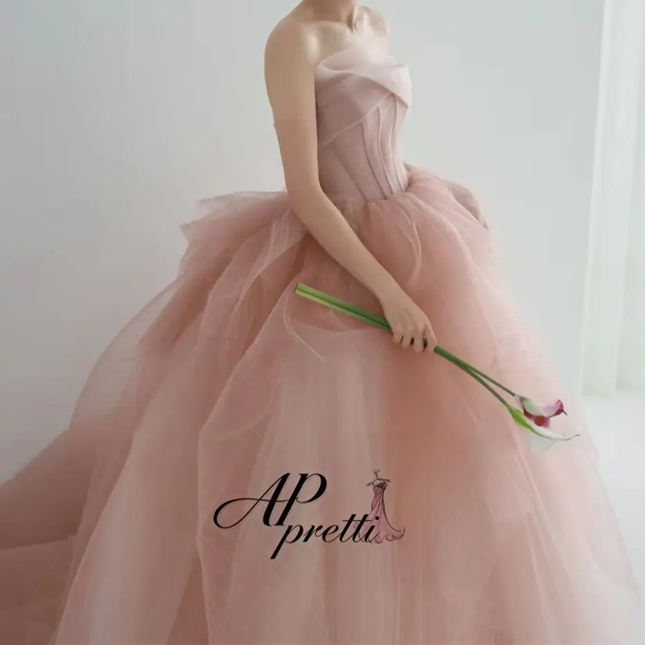 AP pretti Dusty Pink Strapless Sparkling Tulle Ruffled Layered A Line Evening Dress Customized Sweep Train Prom Party Gown 2026