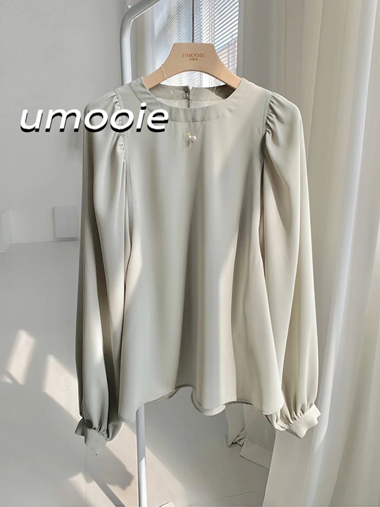 

Loose Women's Long Sleeve round Neck Chiffon Shirt Spring Autumn European Style Lantern Sleeve Unique Top Korean Commute Style