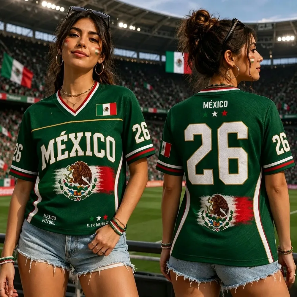 26 Mexico Jersey T-Shirt Summer Women's V-Neck T-Shirt Mexico Football Fans T-Shirt Women's Men's Casual Quick Drying T-Shirt