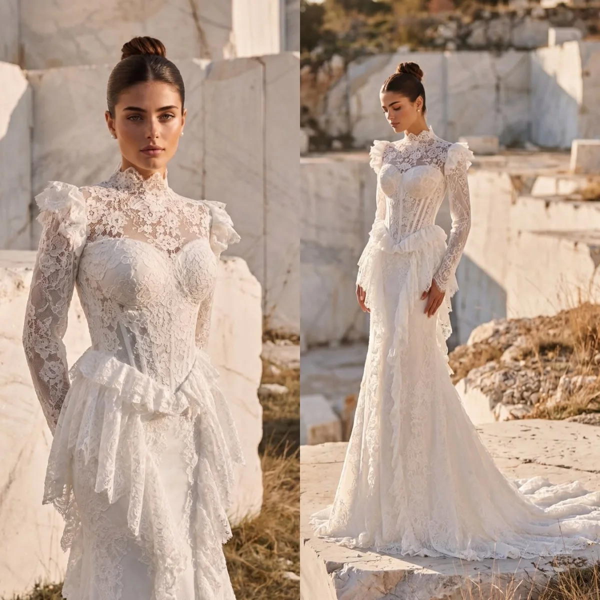 Romantic Lace Bridal Gowns Long Sleeve High Neck Wedding Dresses Beading Sweep Train Customized Vestidos De Novia