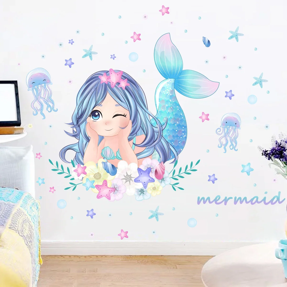 Cute Cartoon Mermaid Jellyfish Starfish Wall Stickers for Kids Room Decor Bedroom Living Room Home Decoration Wall Decals