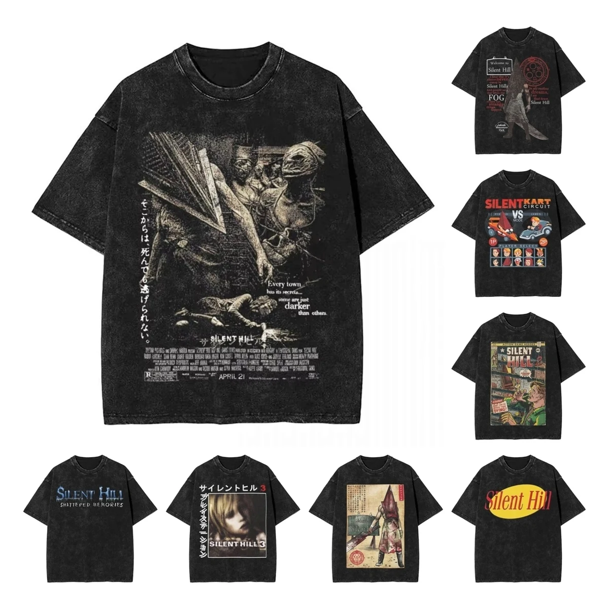 Silent Hill Washed T Shirt Streetwear Hip Hop Vintage T-Shirts Horror Movie Game Tees Tops Men Women Cotton Harajuku Printed