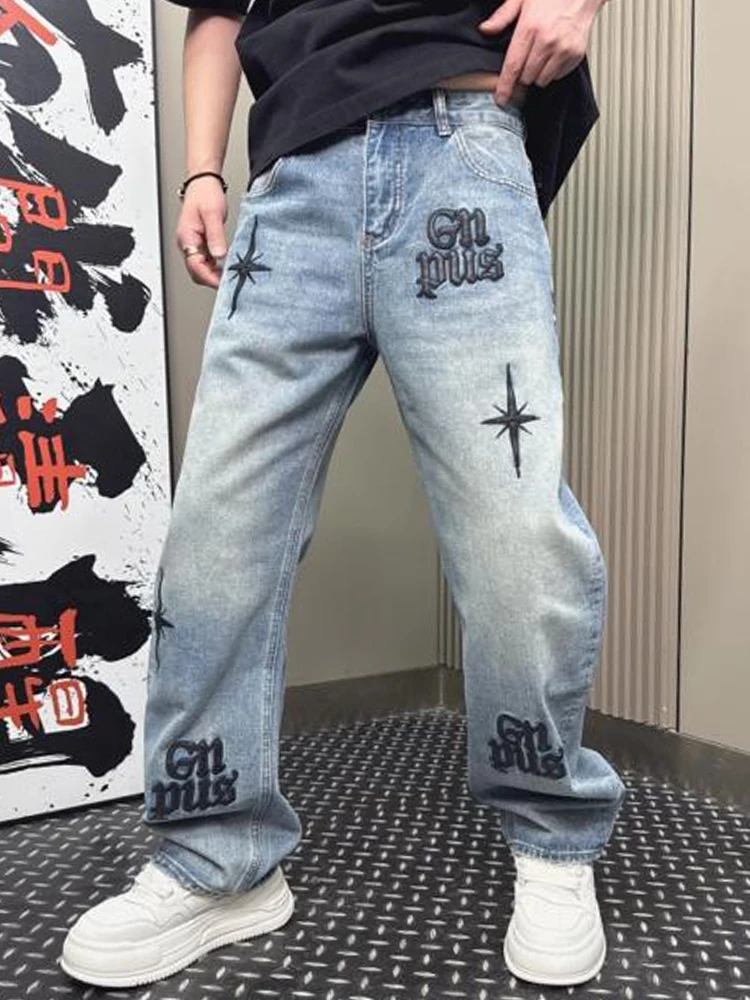

Новые мужские джинсы 2026 года с вышивкой и кожаными нашивками, повседневные, свободного кроя, молодежные, модные, весенние, комфортные, из денима