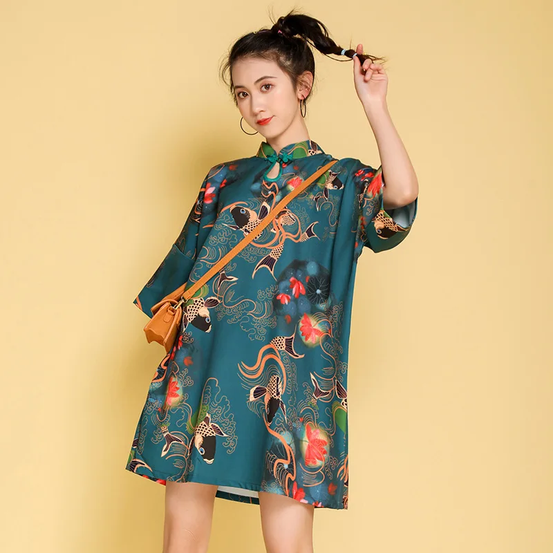 Solredo Traditional Chinese Women Cheongsam Long T-Shirt Dress Half Sleeve Printing Loose Qipao Elegant Oriental Short Costumes