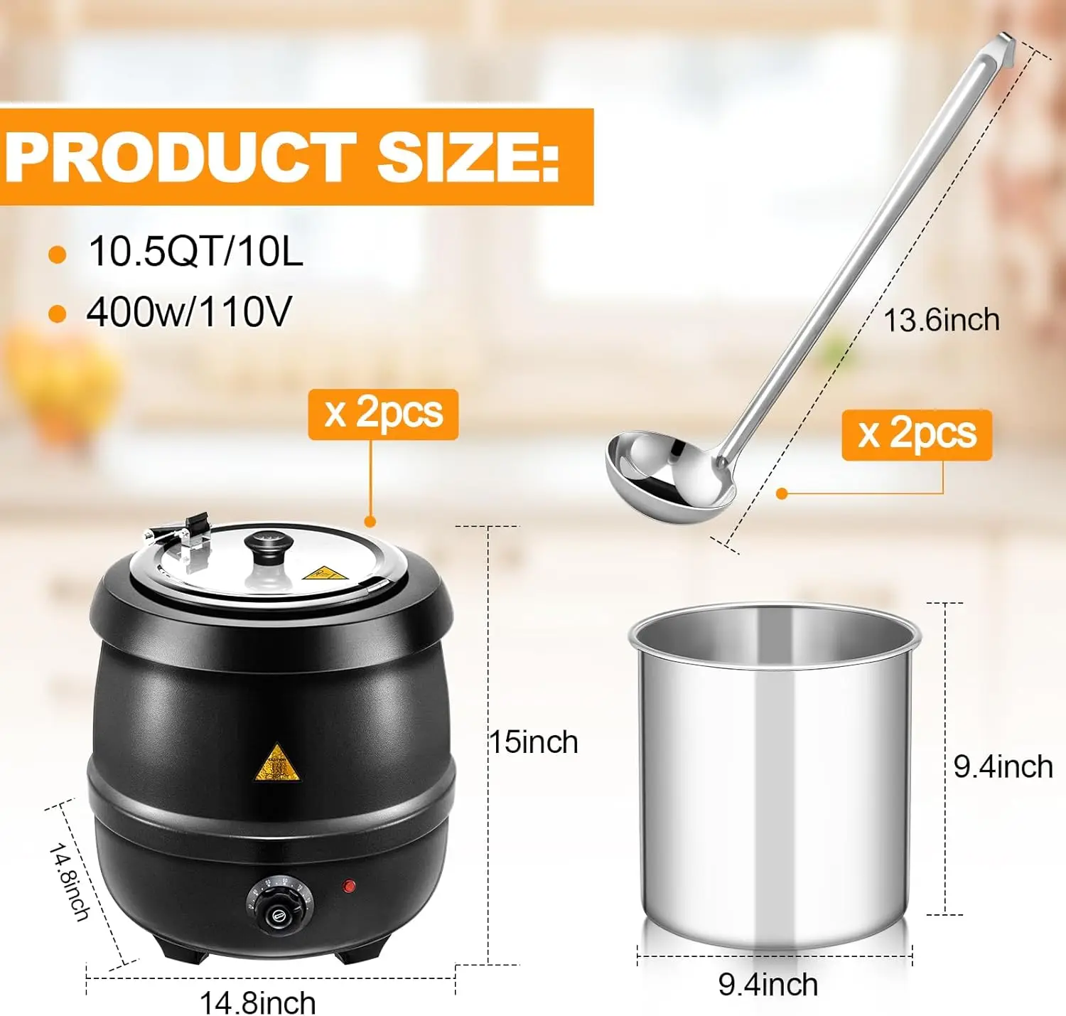 Electric Soup Warmer 10.5 Quart Large Commercial Soup Kettle Warmer with 2 Ladles Stainless Steel Hinged Lid Detachabl