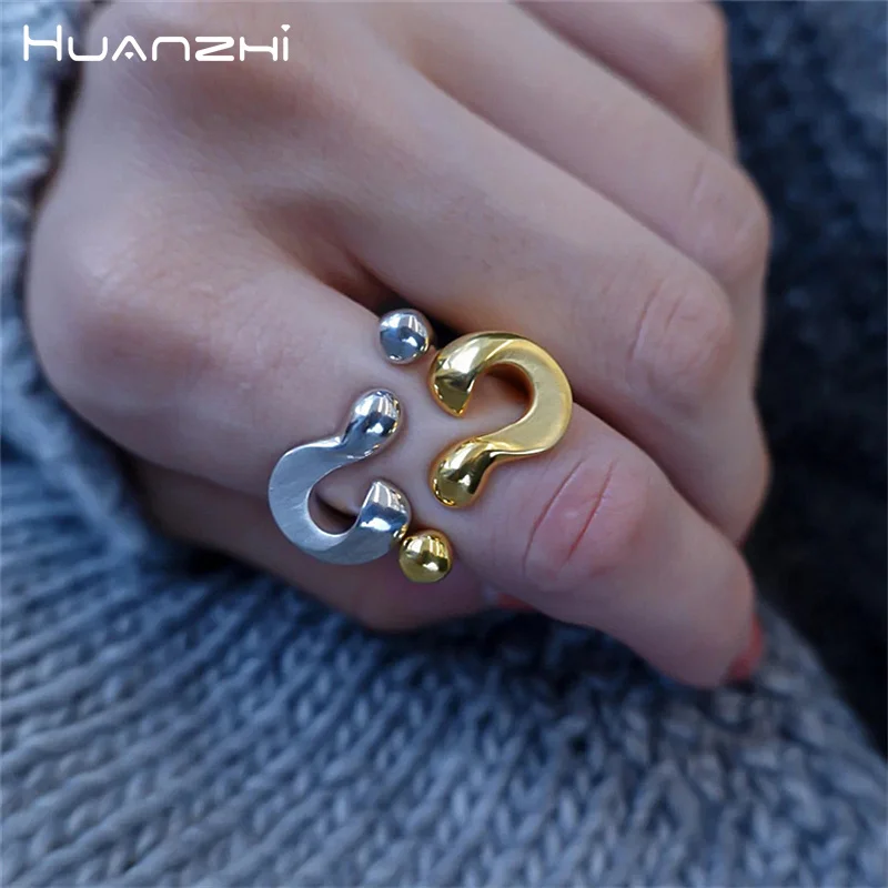 HUANZHI Exclamation Question Mark Open Ring for Women Girl Metal Letter Sign Fashion Minimalist Personalized Creative Design