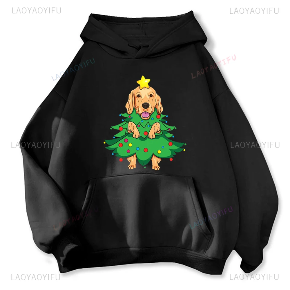 Funny Golden Retriever Dog Christmas Tree Hoodies Merry Christmas Vintage Streetwear Christmas Gift Comfort Warmth Hooded