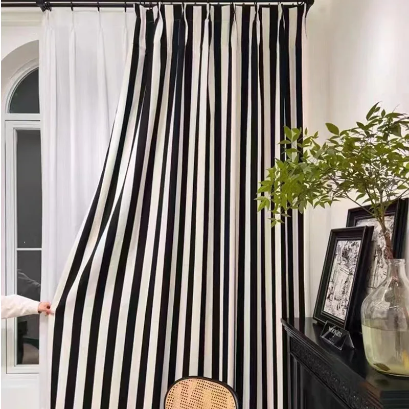 

Custom Size Fashion Luxury European Black and White Striped Chenille Blackout Curtains for Bedroom and Living Room Thickened