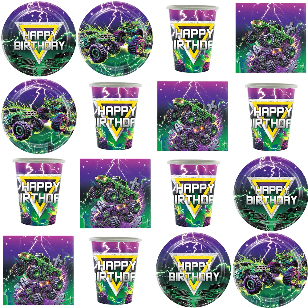 Green and Purple Monster Truck Disposable Tableware Plates Nakpins Kids Lightning Monster Truck Happy Birthday Party Decorations