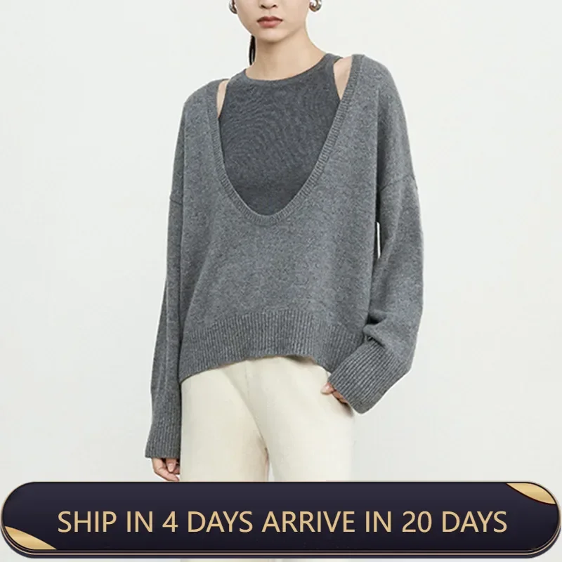 

Tailor-made Suit With 14 Needle Flat Seams Loose Fit Knit Sweater For Women Wool Blend Design Sense Worn As Outerwear