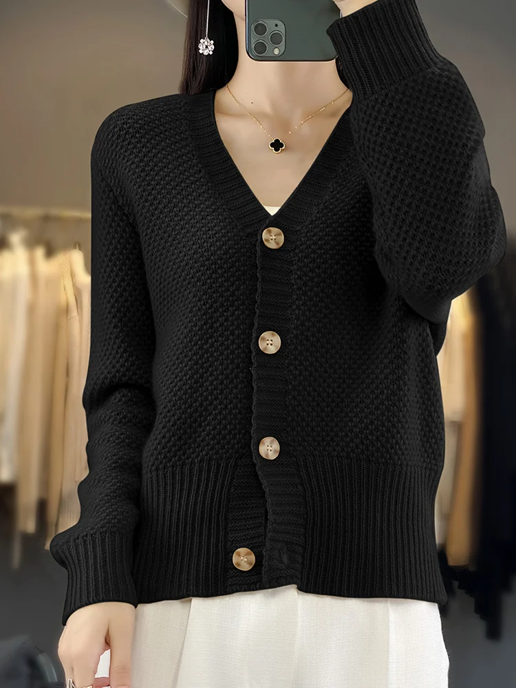 

Fashion Women 100% Wool Cardigans Sweater Autumn Winter Osmanthus Needle V-neck Long Sleeve Knitwear Female Basic Clothing Tops