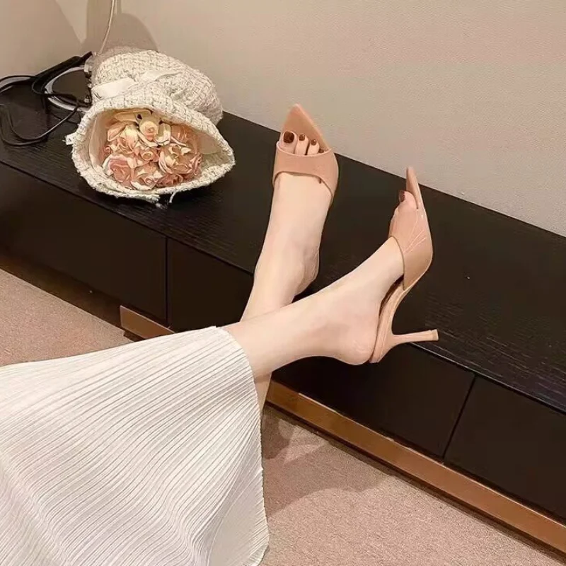 Pointed Open Toe High Heels Slippers Women Outdoor Slides Ladies Party Shoes Japanned Leather Sandalias Mujer Sexy Flip Flops
