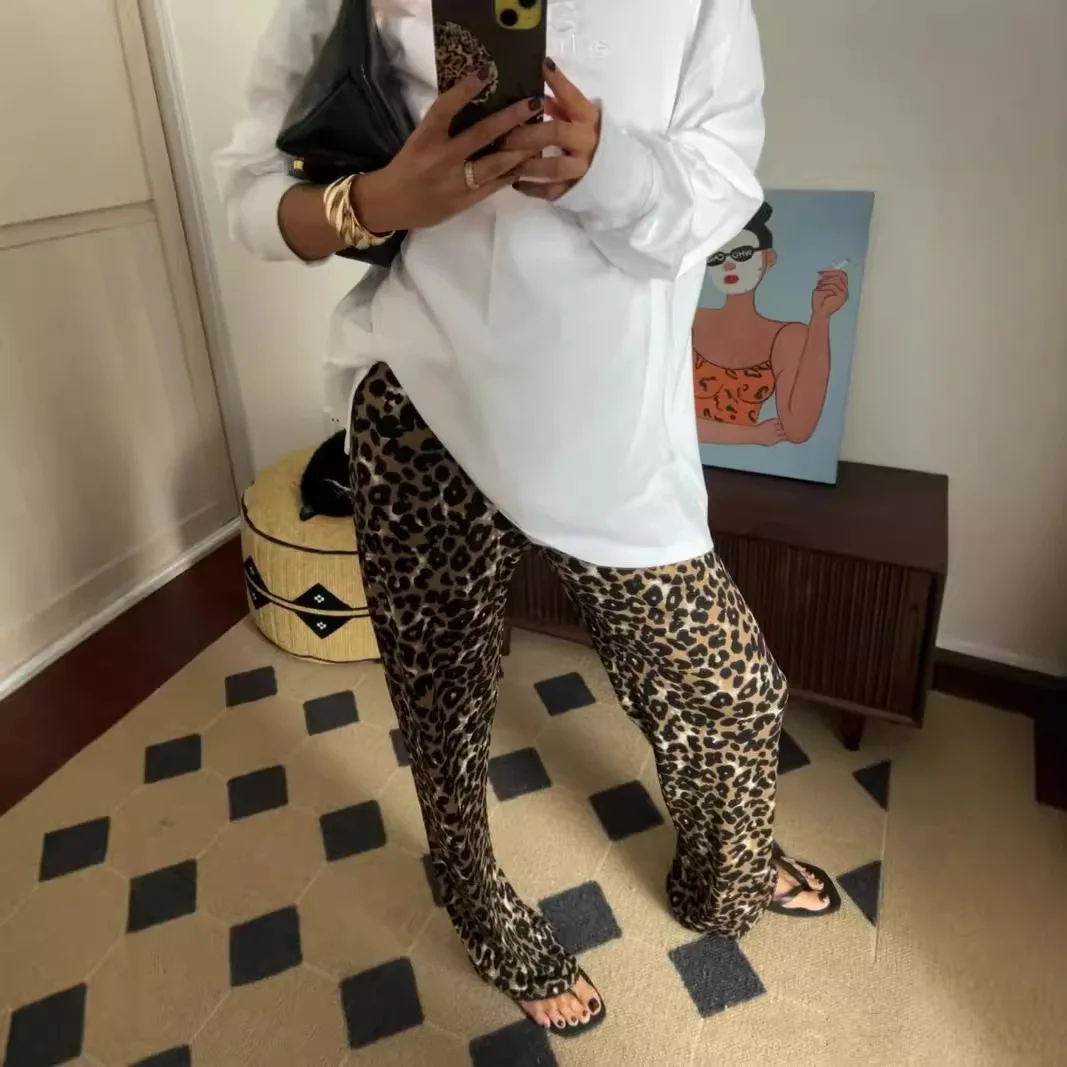 Stylish Low-rise Thin Trousers Lace Pendant Leopard Print Straight Casual Wide-leg Trousers 2025