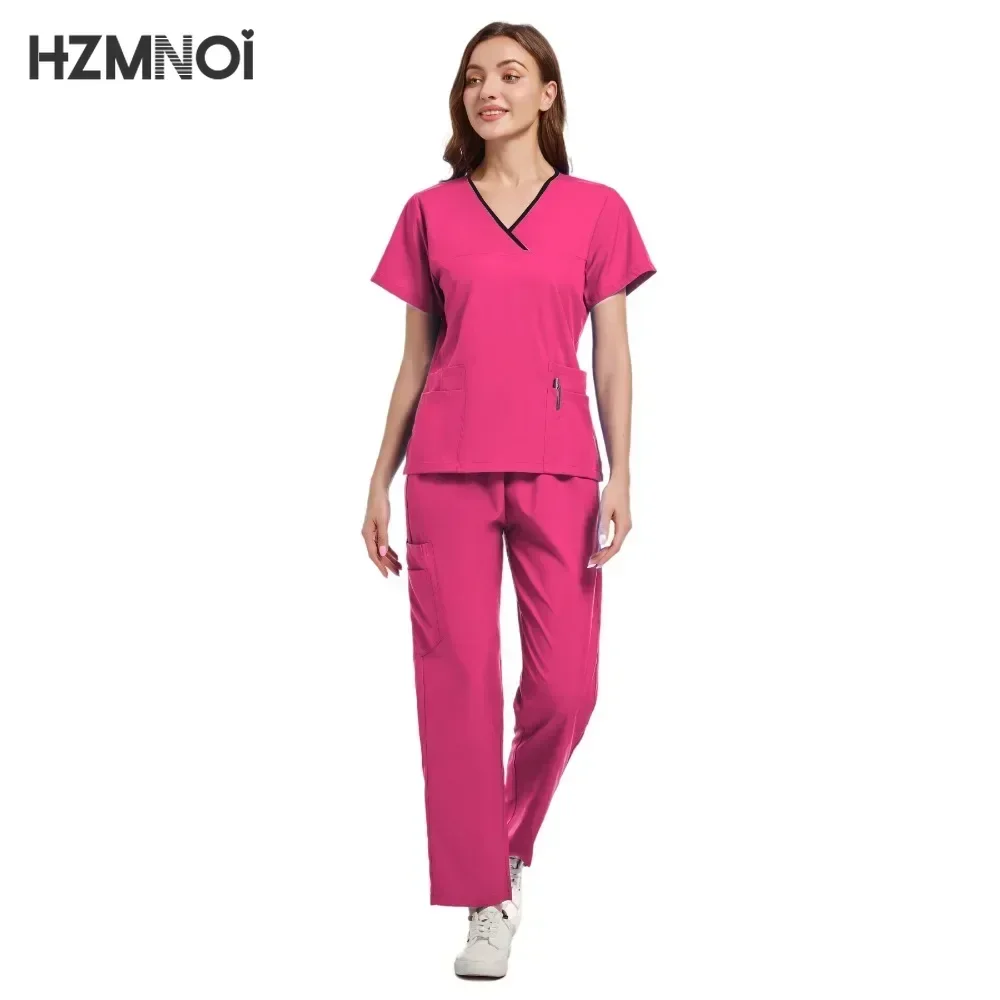 Conjunto de uniforme de enfermería para mujer, ropa informal de manga corta con cuello en V, ropa de trabajo de farmacia, uniforme médico de