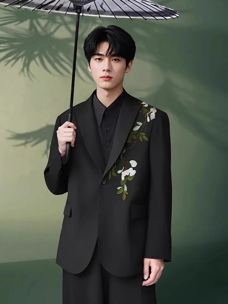 

Новый китайский свадебный костюм с вышивкой, мужская официальная одежда, костюм в стиле вестерн с пиковыми лацканами, наряд для помолвки, элитный костюм