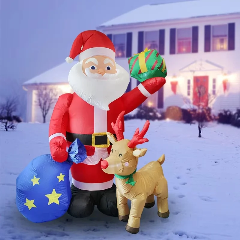 6FT/1.83M Inflatable Santa Claus Holding Gift Bags Deer Christmas Outdoor Lawn Garden Decoration with LED Lights New Year Party