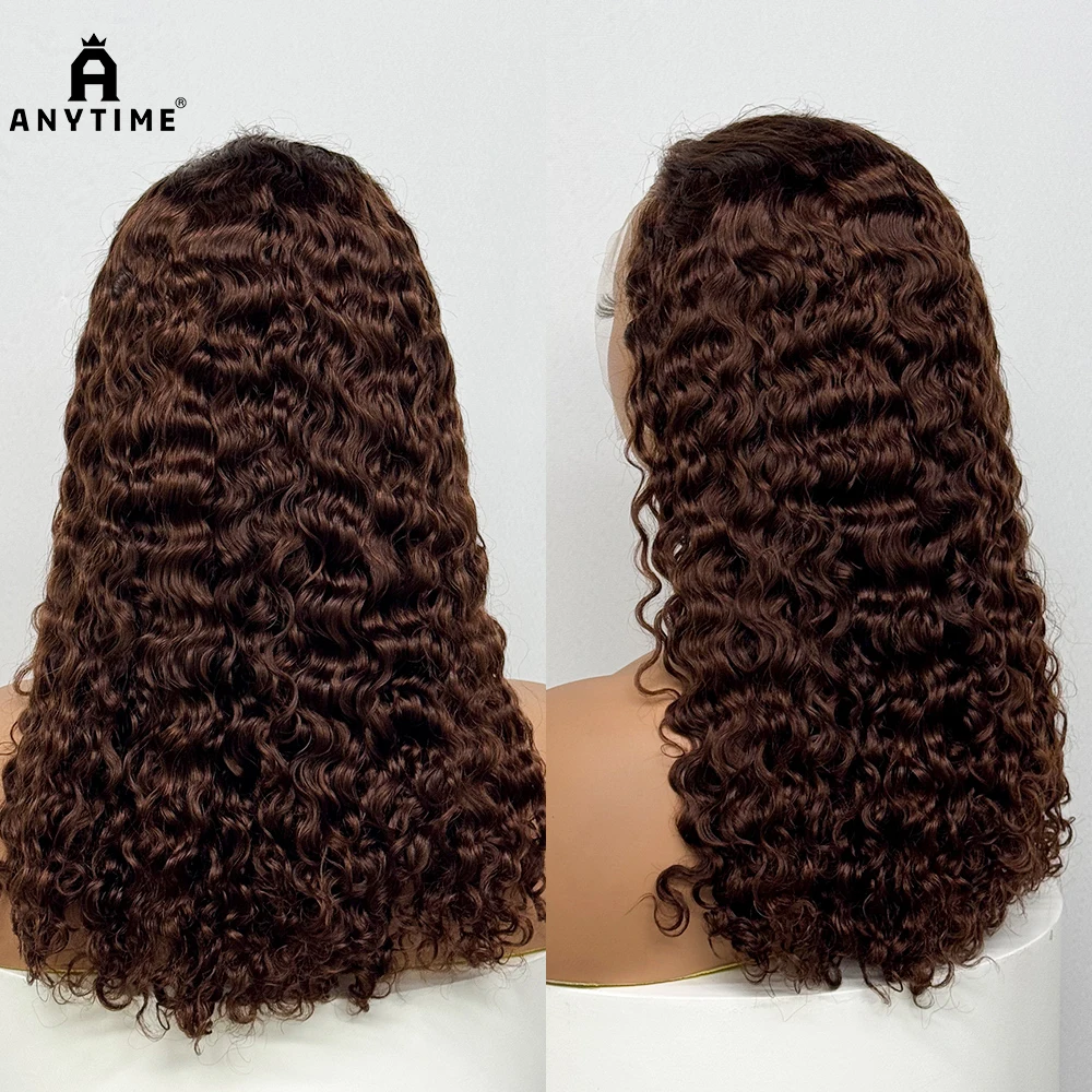 

250% Density 20 Inch Chocolate Brown Water Wave Curly Front Human Hair Wigs 13x4 Transparent Lace Frontal Wig 4# Brown 99J Color