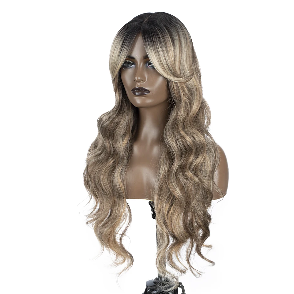 Wig sintetis FASHION IDOL Deep Wave untuk WANITA HITAM Ombre pirang 28 inci Wig Cosplay renda berombak air serat tahan panas