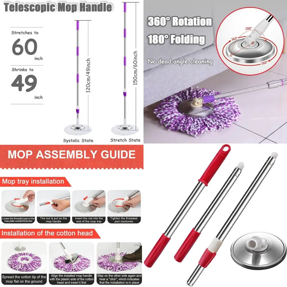 

60-дюймовая телескопическая ручка швабры, 360° ° Вращающийся диск из нержавеющей стали, красный