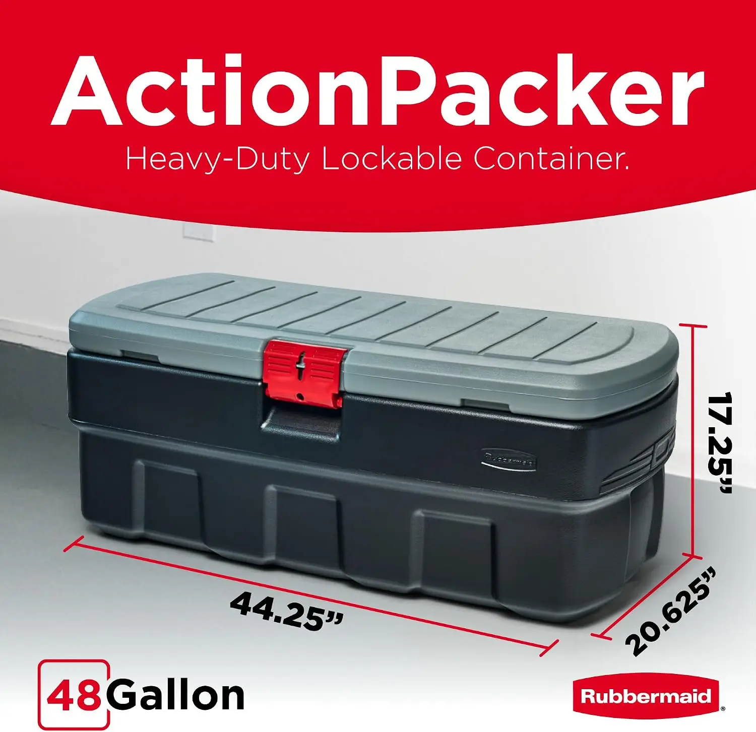 48 Gallon Lockable Storage Box Container with Latch, Indoor and Outdoor Organizer for Home, Garage, Backyard, Black