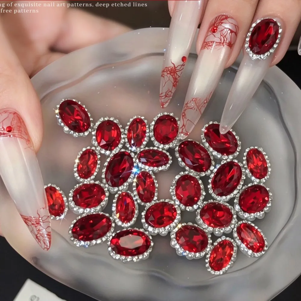 2PCS 3D Luxury Oval Zircon Nail Rhinestones Big Ruby Red Emerald Champagne Gems Silver Rim Crystal Charms Manicure Accessories