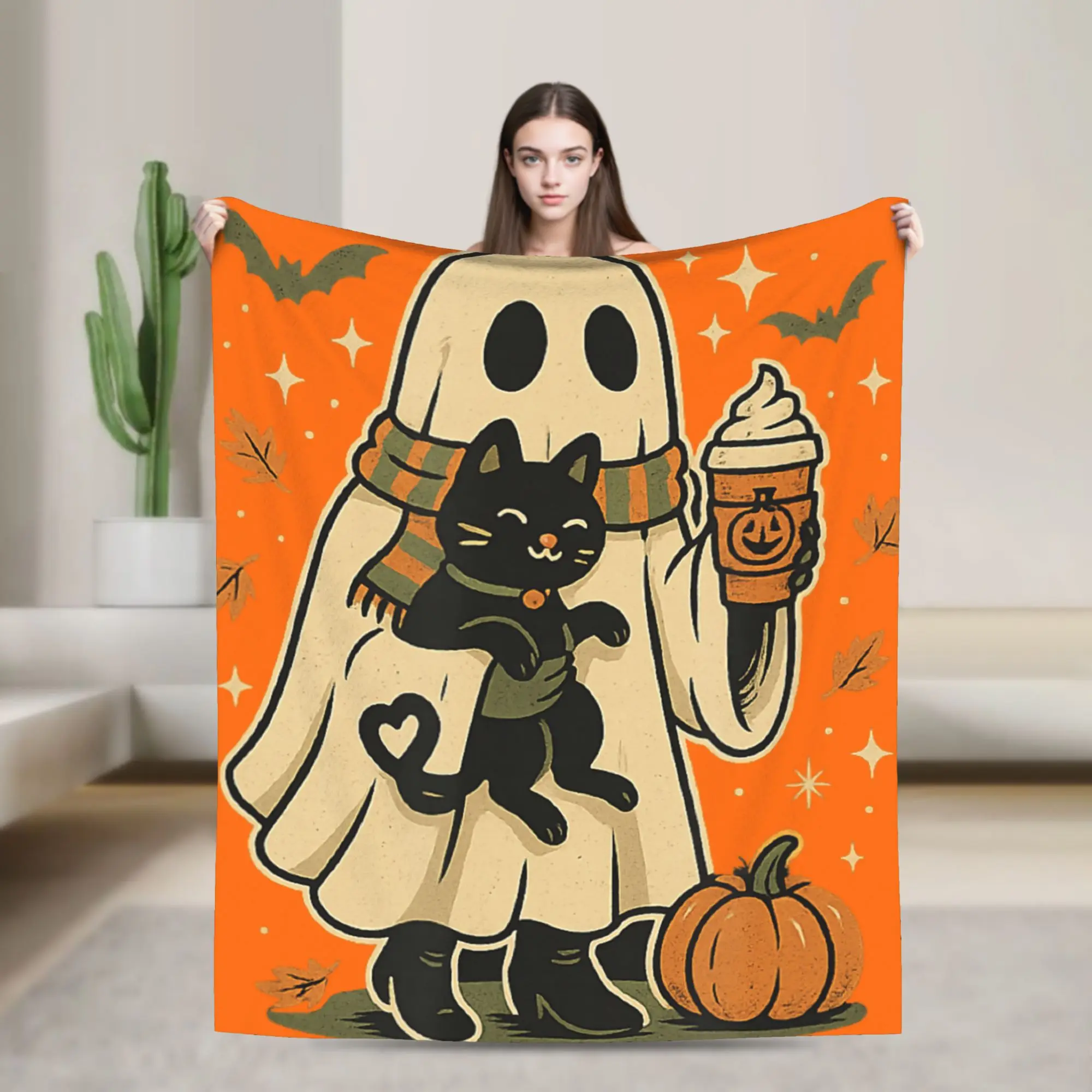 Ghost Black Cat Blankets Fleece Air Conditioning Fall Pumpkin Coffee Halloween Breathable Throw Blanket for Bedding Car Quilt