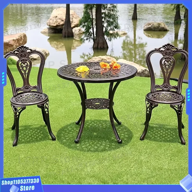 Modern Cast Aluminum Round Dining Table Set with 2 Chairs for Outdoor Terrace Cafe Garden Hotel Event Small Wholesale