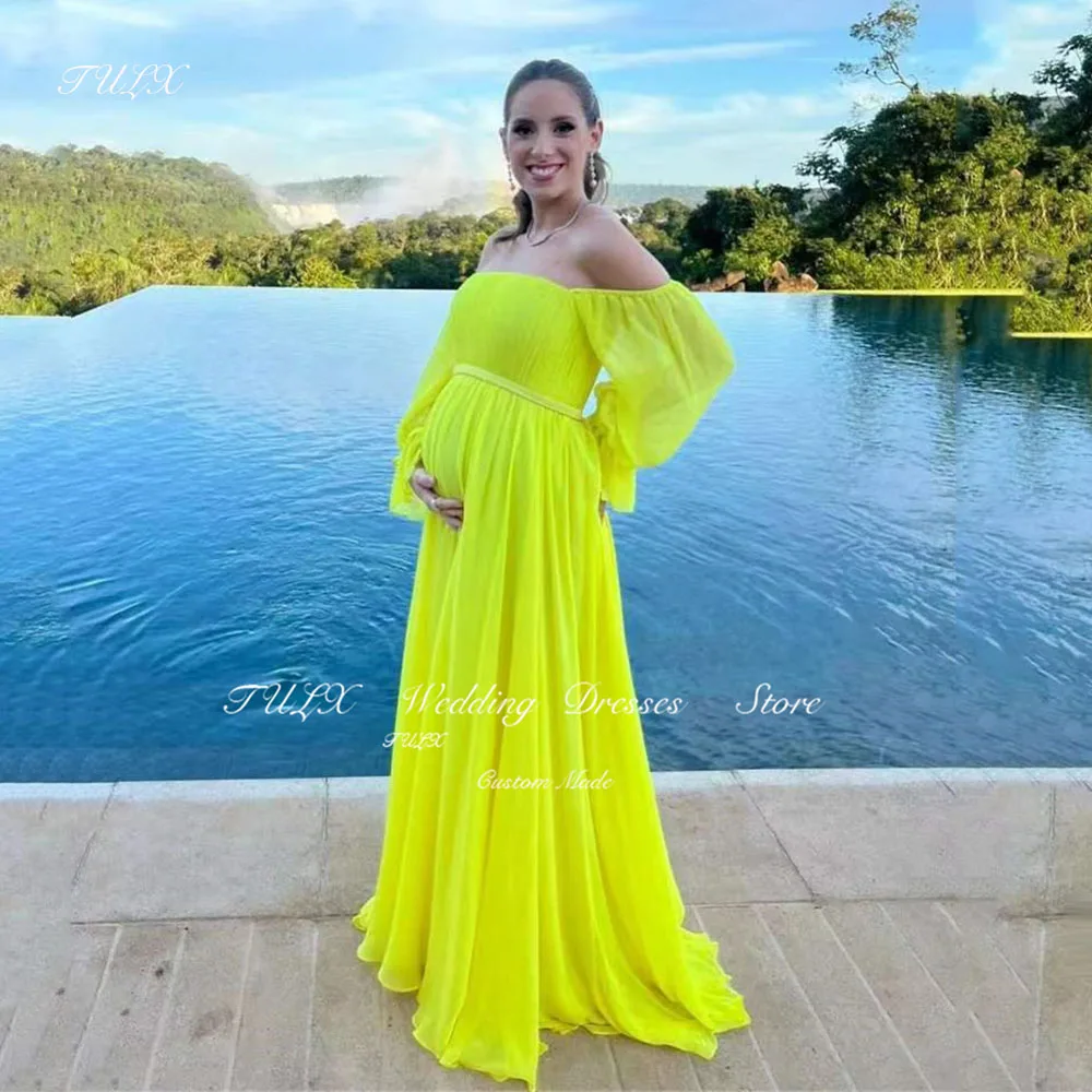 

TULX Elegant Yellow Evening Dresses Dubai Arabic Pregnant Women Strapless Pleat Prom Dress Special Occasion Formal Gowns