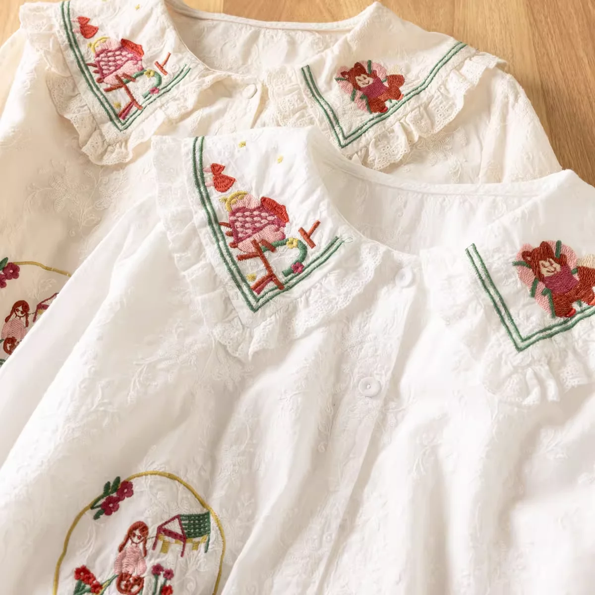 

2025 Sweet Mori Girl Embroidered Shirt Female Peter Pan Collar Blouse Women Japan Style Summer Cotton Long Sleeve Shirts