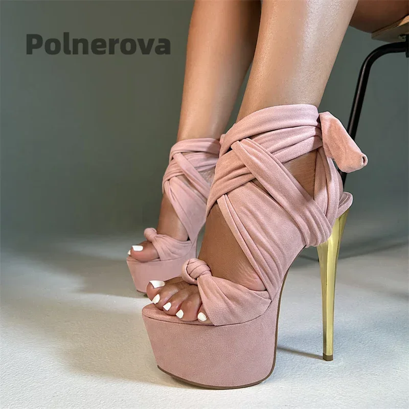 

Stiletto Pink Suede Riband Sandals Women Bow Knot Ankle Strap Heel Platform Sandals Open Toe Cross Strap Designer Summer Shoes