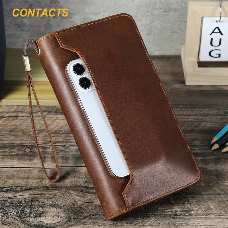

HTS-MC1046 Retro Crazy Horse Leather Anti Theft Brush Travel Passport Clip Multi Functional Genuine Leather Family Passport Bag