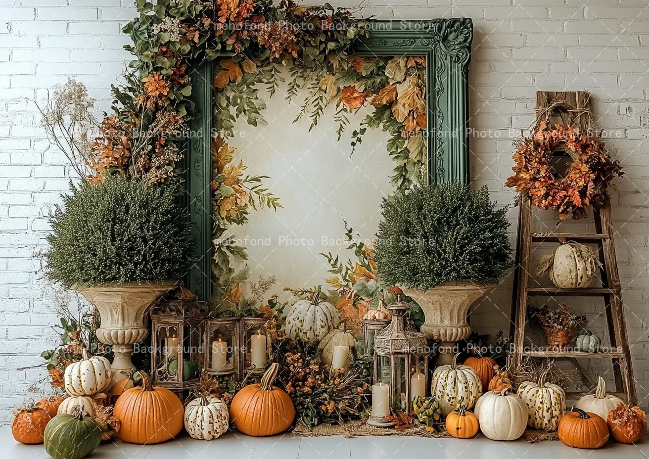 Mehofond Autumn Harvest Pumpkin Photography Background Mint Green Carving Photo Frame Dried Flowers Birthday Kids Photo Studio