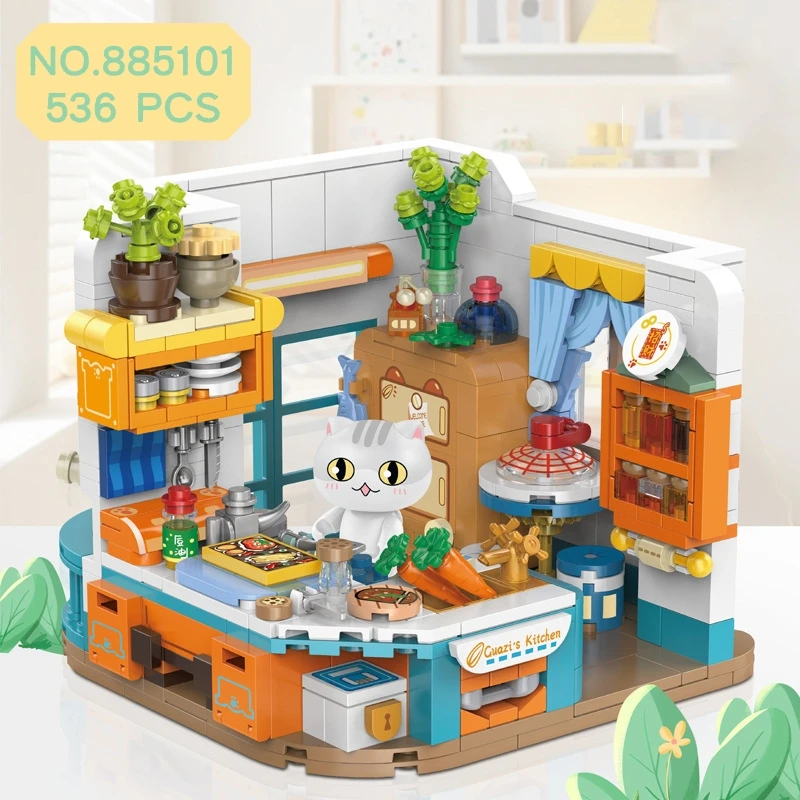 

Cute Cat Building Blocks Small Particle DIY Puzzle Kids Assembly Bricks Toys for Girls Kitchen Scene Decoration Creative Gifts