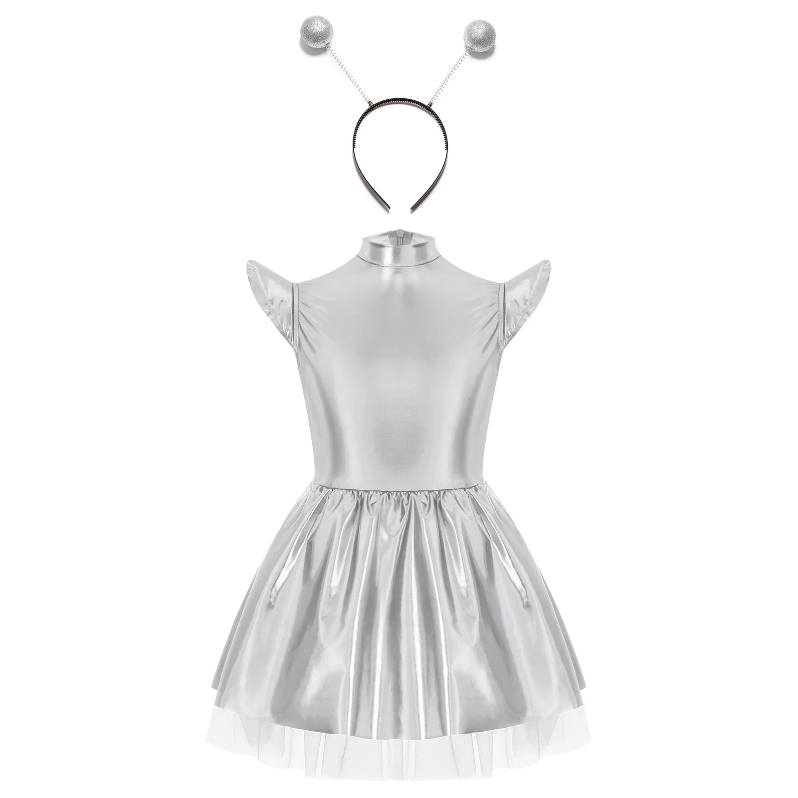 Kids Girls Metallic Shiny Zipper Alien Dress Halloween Theme Party Carnival Robot Astronaut Space Cadet Galaxy Warrior Costume image 3