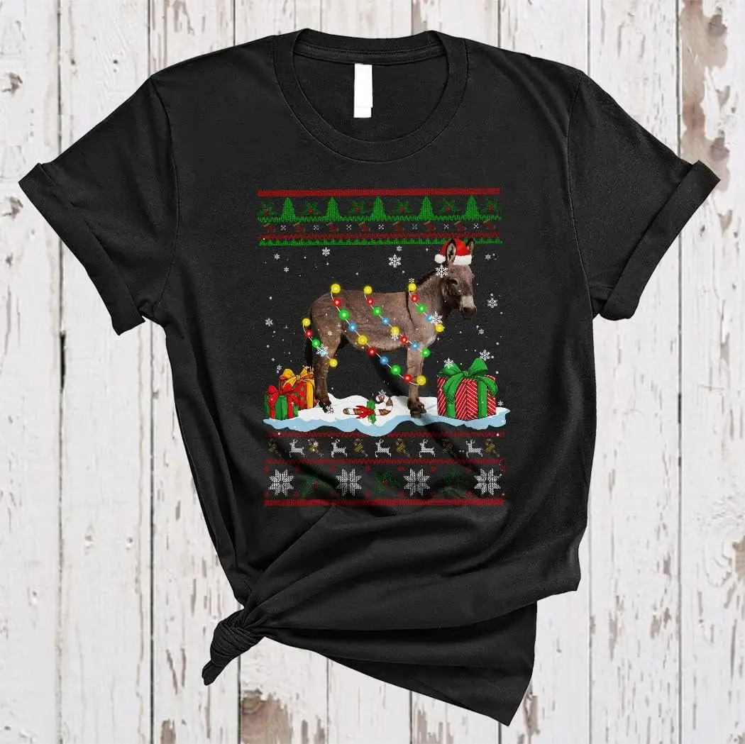 Santa Donkey Wearing Xmas Lights Funny Christmas Sweater Donkey Animal Farmer Lover Gifts Unisex T-Shirt