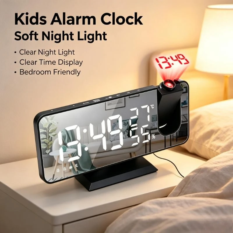 Smart Projection Desktop Alarm Clock, 180° Time Projection LED Timepiece Built-In Radio USB Timer Snooze Function