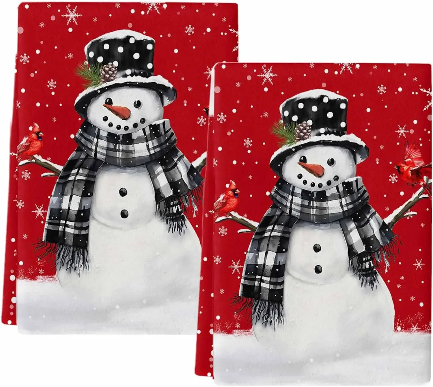 Christmas Snowman Cardinal Bird Snowflake Red Kitchen Dish Towels Cleaning Supplies Quick Drying Hand Towels Set Xmas Decoration
