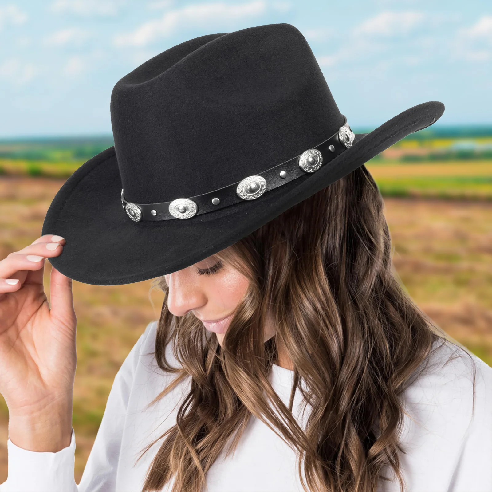 ورأى قبعة رعاة البقر للنساء الرجال توالت واسعة حافة قبعات رعاة البقر قبعة غربية مع مشبك حزام كاوبوي راعية البقر قبعة