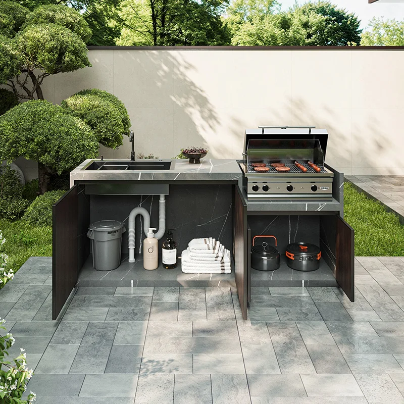 Luxury Villa Courtyard All-in-One Outdoor Kitchen System Stone Top Outdoor Washbasin Cabinet Garden Operation Counterpromote sal